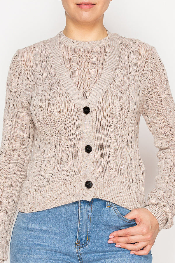 Women's beige cable knit cardigan - Korean Fashion