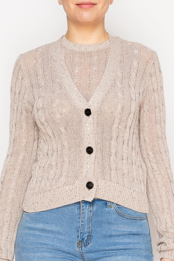 Women's beige cable knit cardigan - Korean Fashion