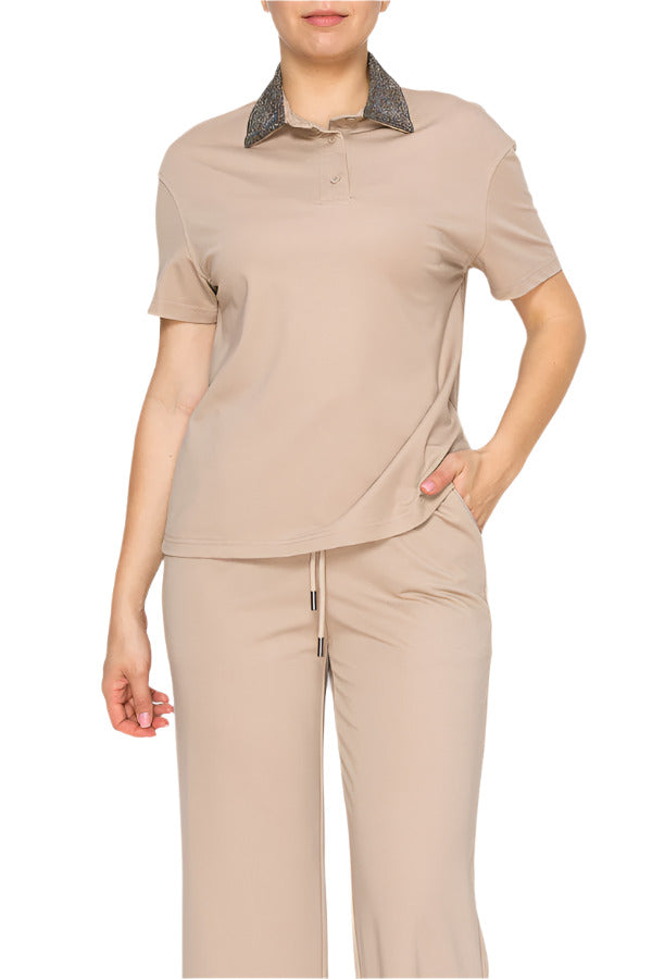 Women's beige short-sleeve polo shirt - Korean Fashion