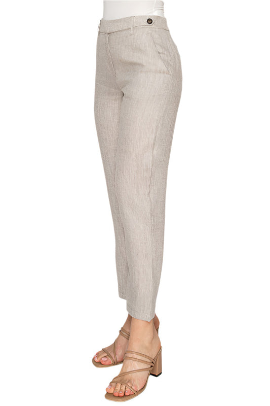Women's beige linen pants with straight-leg fit - Korean Fashion