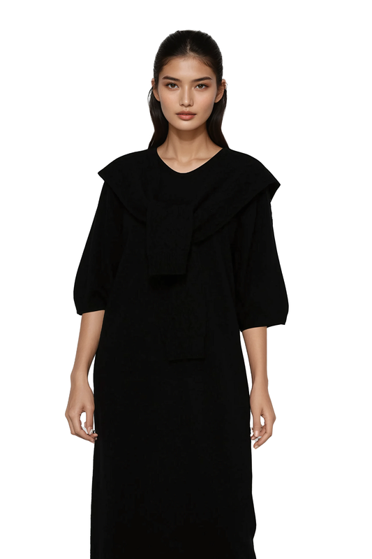 Black Knit Midi Dress with Layered Sweater Detail - Korean Fashion