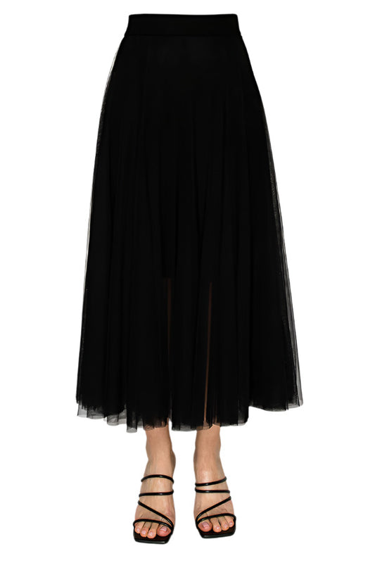 Women's Black mesh tulle midi skirt - Korean Fashion