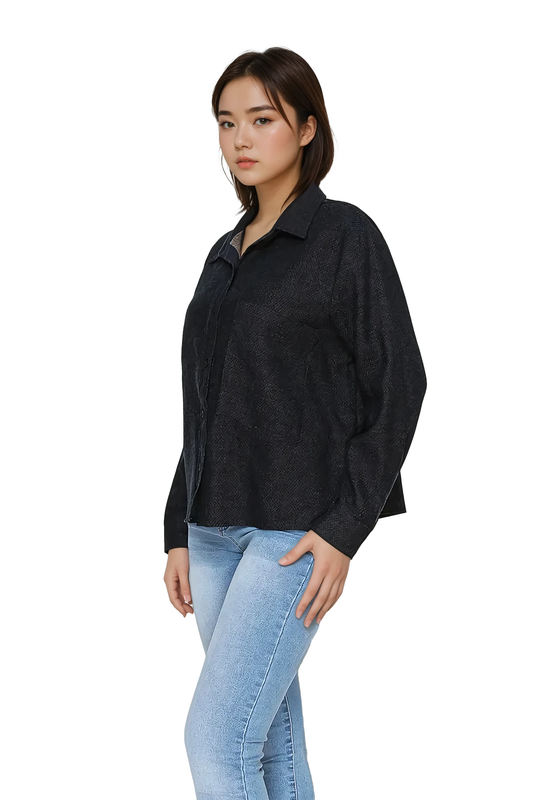 Women's Black textured button-up shirt - Korean Fashion
