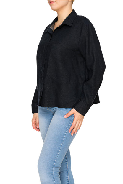 Women's Black textured button-up shirt - Korean Fashion