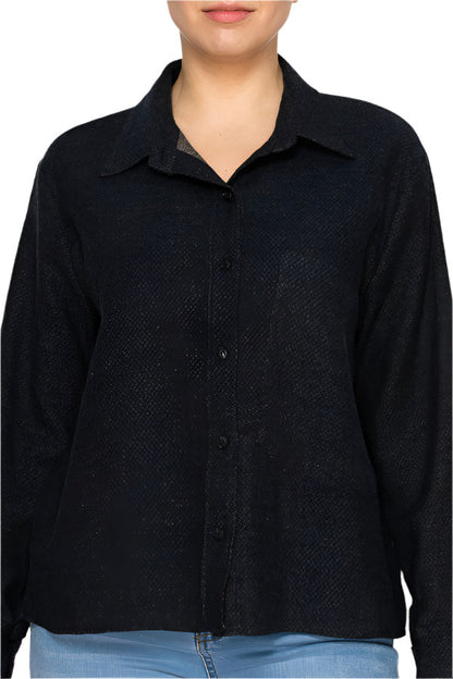 Women's Black textured button-up shirt - Korean Fashion