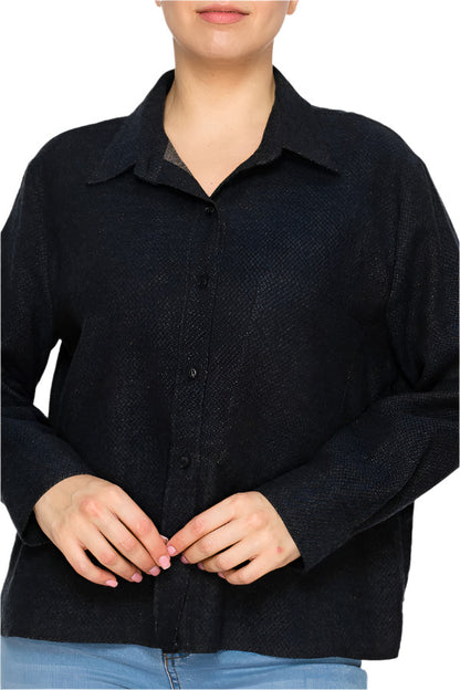Women's Black textured button-up shirt - Korean Fashion
