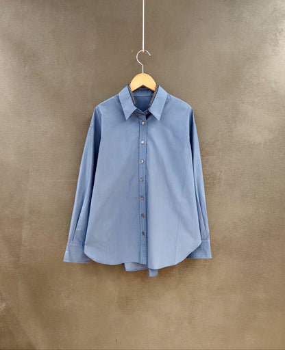 Women’s blue button-up shirt - Korean Fashion