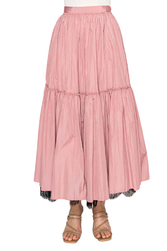 Women's blush pink tiered maxi skirt featuring delicate lace trim - Korean Fashion