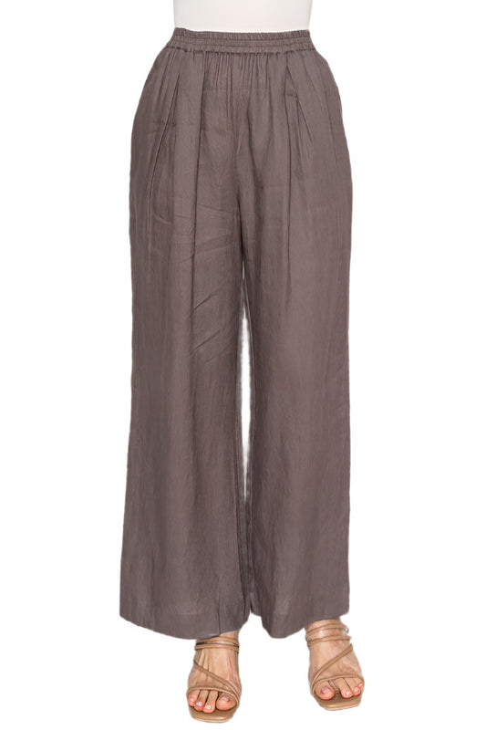 Women's brown linen pants with wide-leg fit - Korean Fashion