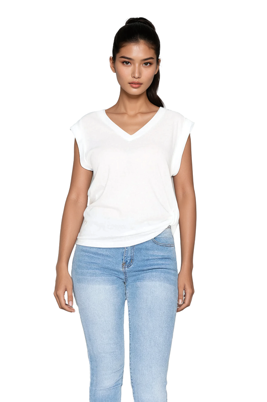 Women’s Casual V-Neck Rolled-Sleeve T-Shirt - Korean Fashion