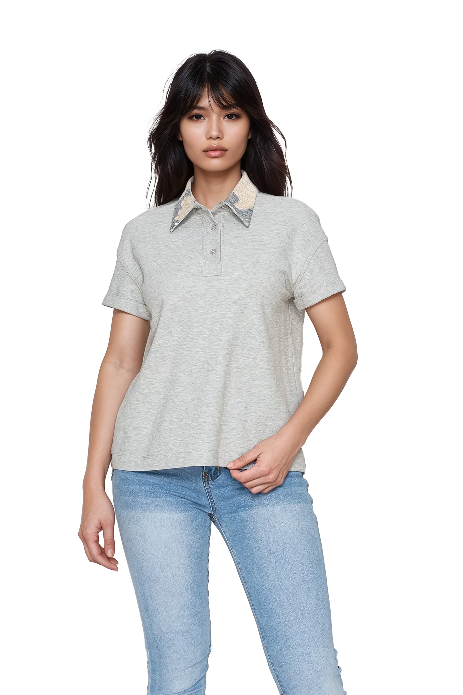 Women’s grey polo shirt with embellished collar and short sleeves Korean Fashion