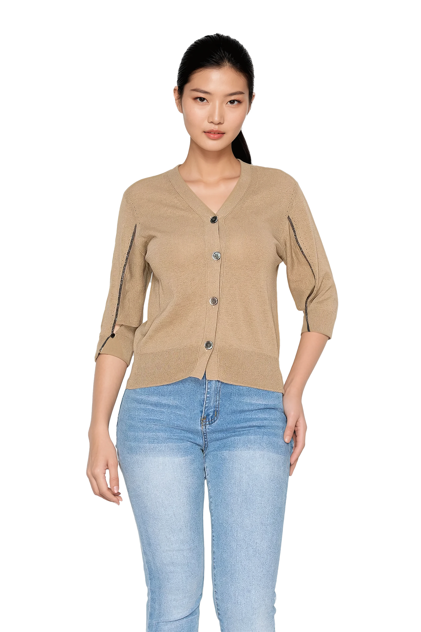 [Misscon] Chic Button-Up Cardigan with Embellished Sleeve Detail