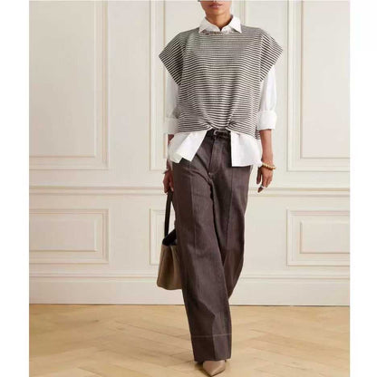 Women's Striped Sleeveless Knit Top - Korean Fashion
