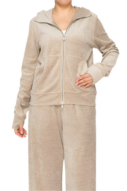 Women's soft velour zip-up hoodie with pockets - Korean Fashion