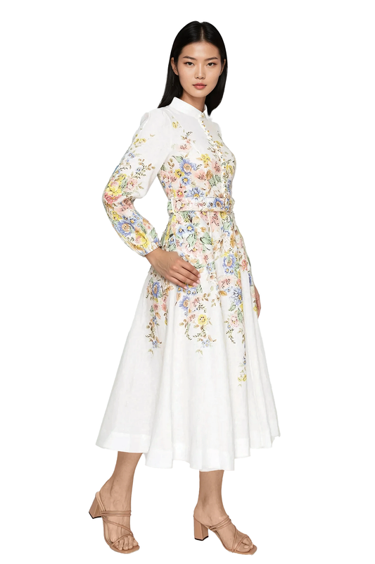 Women's midi dress with delicate floral embroidery - Korean Fashion