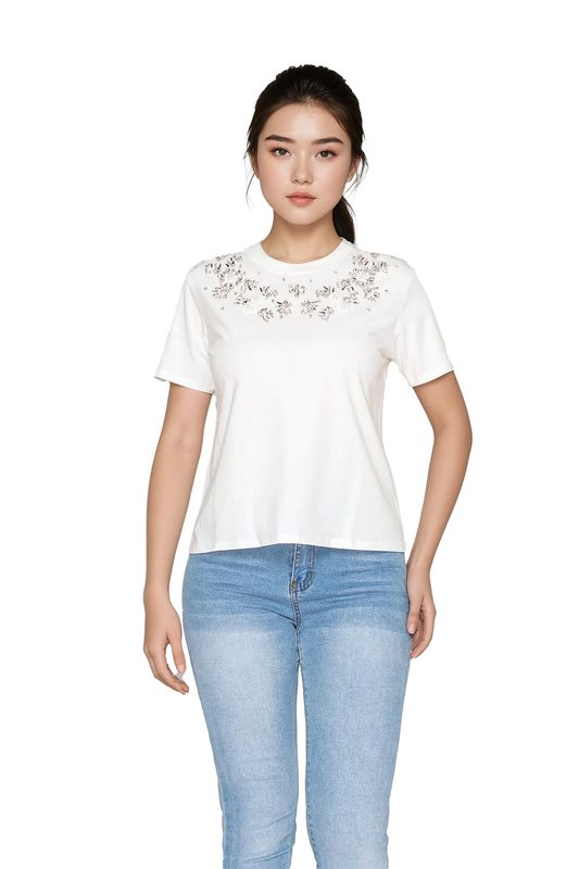 Women’s short-sleeve tee with decorative sparkles - Korean Fashion