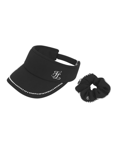 Fairliar black visor with pearl-accented brim and matching scrunchie