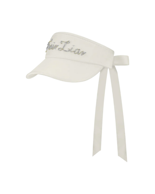 Fairliar beige visor with luxe crystal embellishment and ribbon