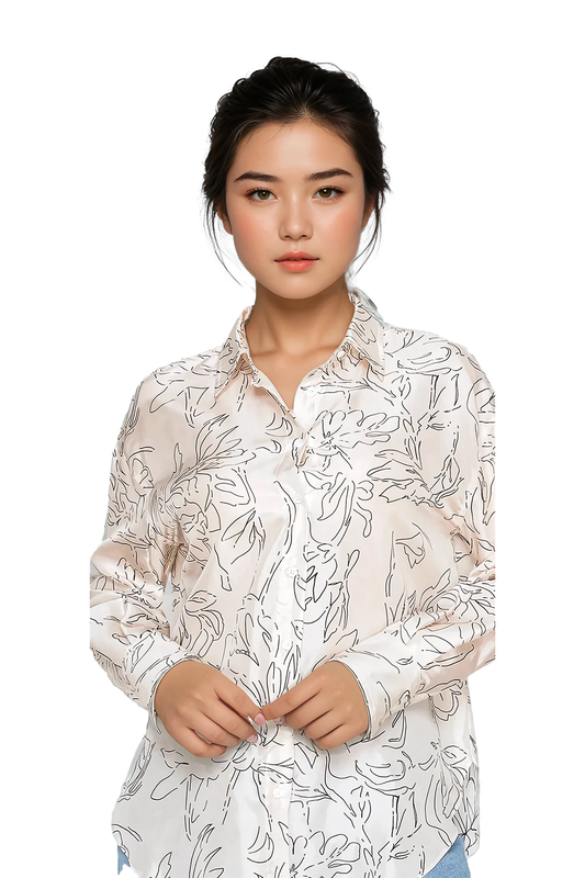 Women's button-up blouse featuring floral line art print - Korean Fashion