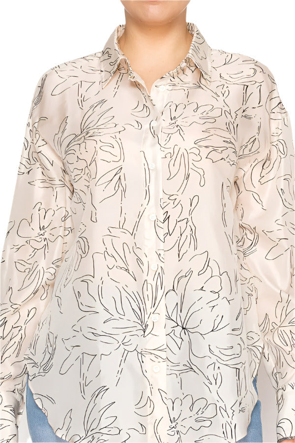 Women's button-up blouse featuring floral line art print - Korean Fashion