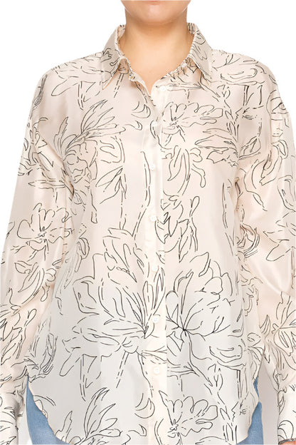 Women's button-up blouse featuring floral line art print - Korean Fashion