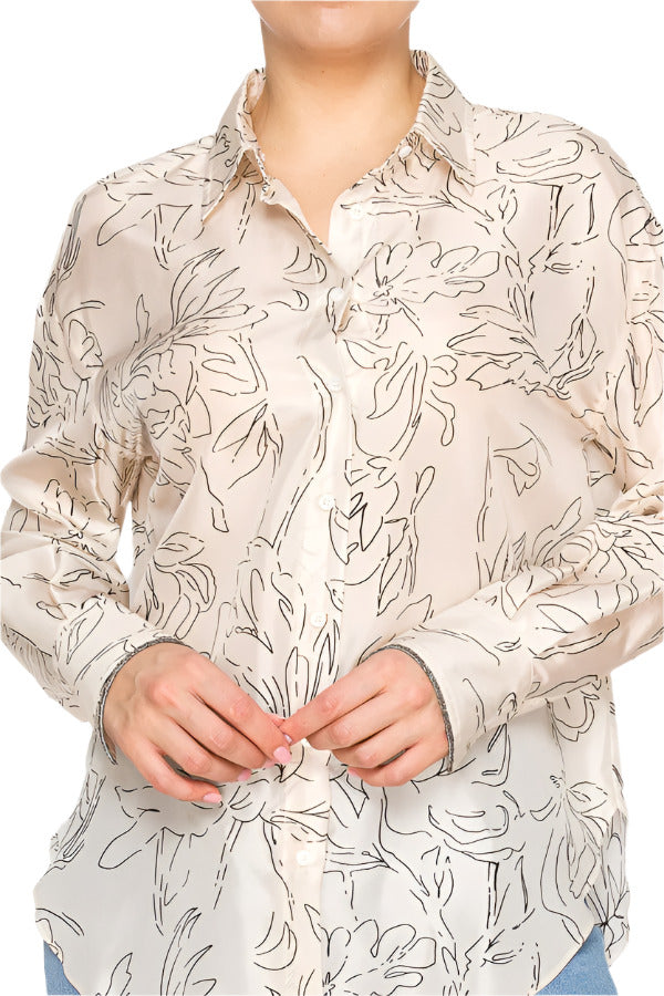 Women's button-up blouse featuring floral line art print - Korean Fashion