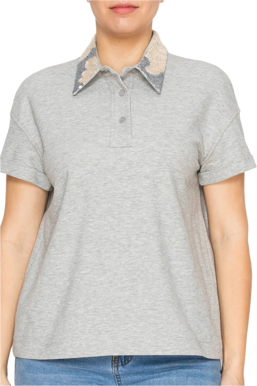 Women’s grey polo shirt with embellished collar and short sleeves Korean Fashion