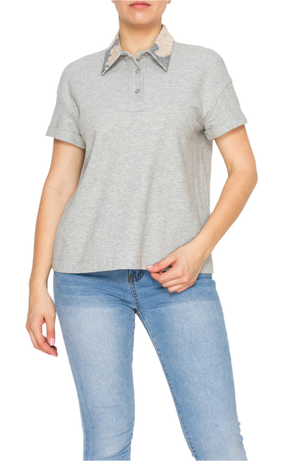 Women’s grey polo shirt with embellished collar and short sleeves Korean Fashion