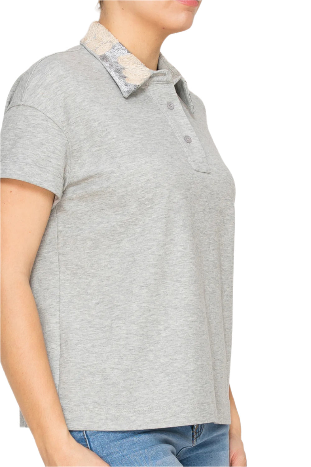 Women’s grey polo shirt with embellished collar and short sleeves Korean Fashion