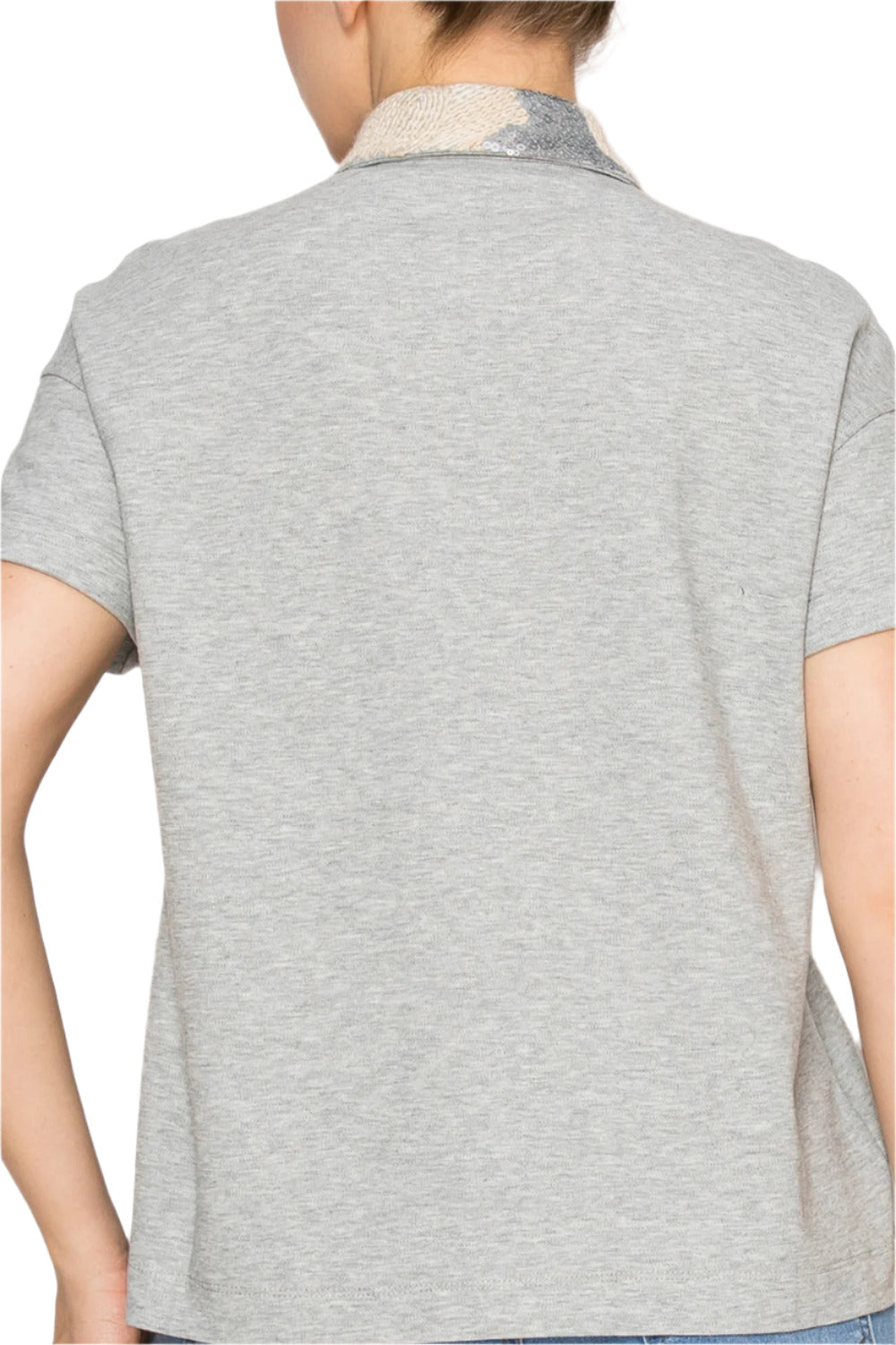 Women’s grey polo shirt with embellished collar and short sleeves Korean Fashion