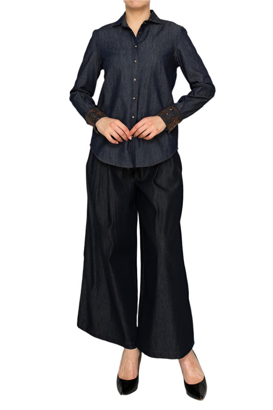Women's high-rise denim culottes featuring wide legs - Korean Fashion
