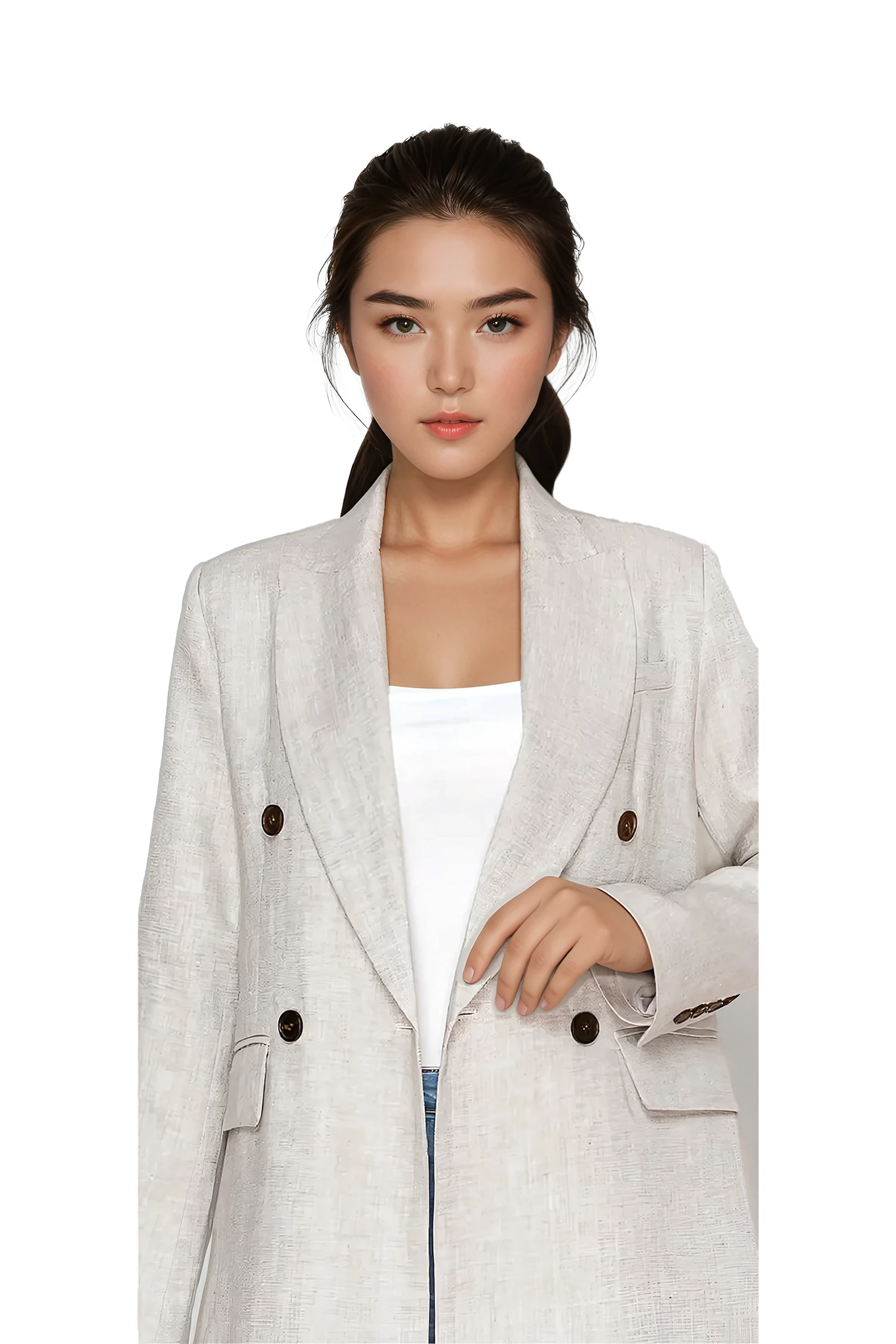 Women's beige linen blazer with double-breasted front - Korean Fashion
