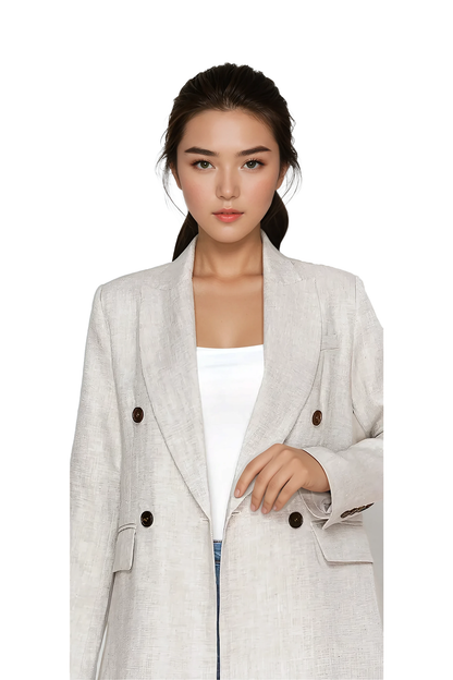Women's beige linen blazer with double-breasted front - Korean Fashion