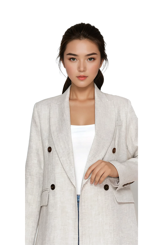 Women's beige linen blazer with double-breasted front - Korean Fashion