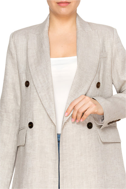 Women's beige linen blazer with double-breasted front - Korean Fashion