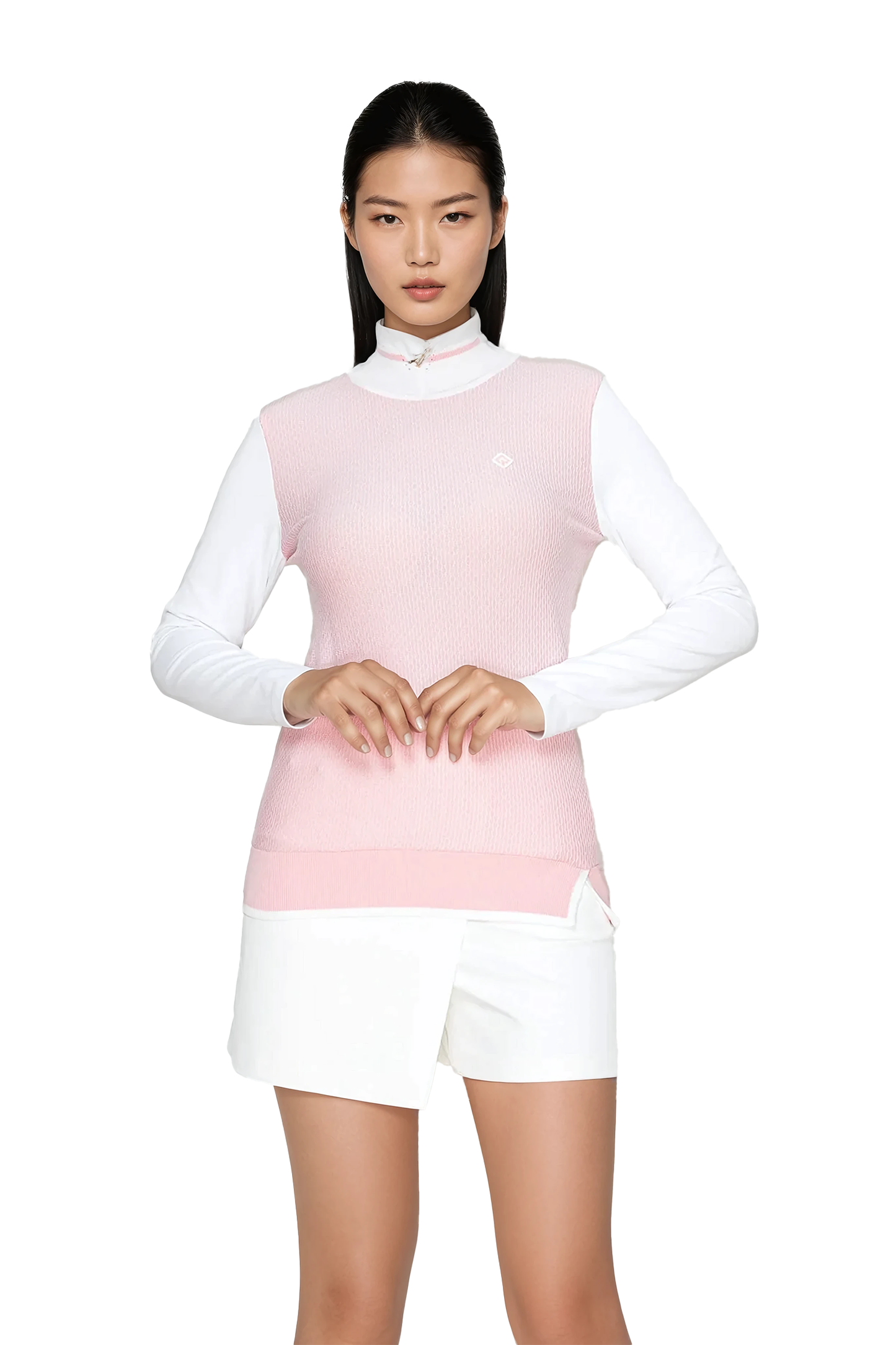 [Renoma] Pink Knit Vest & White Long-Sleeve Top with Asymmetrical Skort