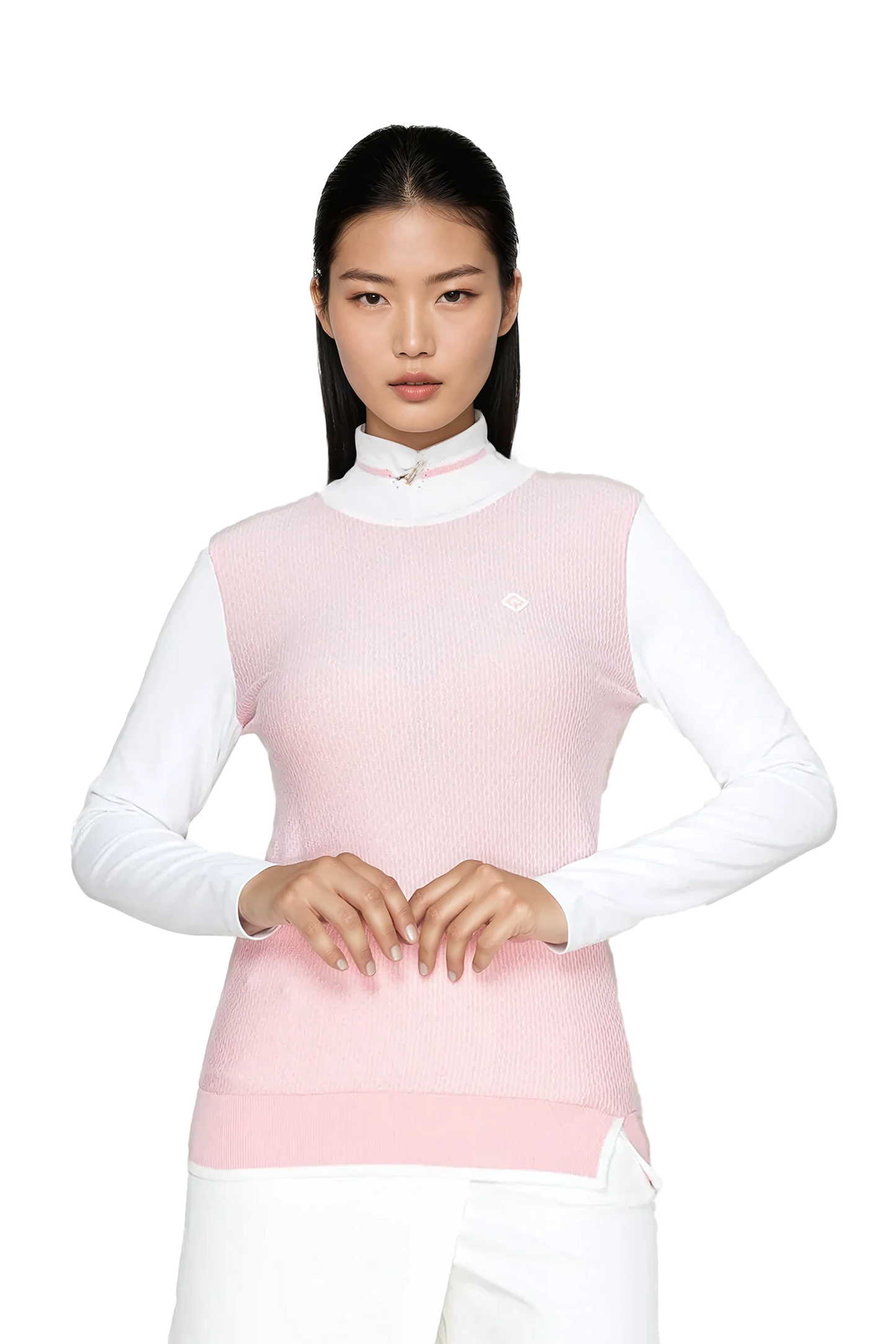 [Renoma] Pink Knit Vest & White Long-Sleeve Top with Asymmetrical Skort