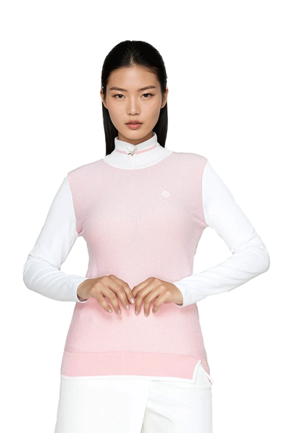 [Renoma] Pink Knit Vest & White Long-Sleeve Top with Asymmetrical Skort