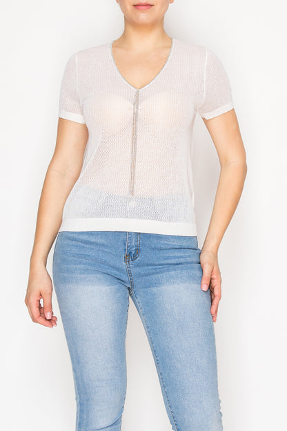 Women’s V-neck sheer knit top - Korean Fashion