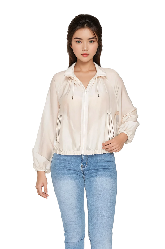 Women's sheer windbreaker with full zip front - Korean Fashion