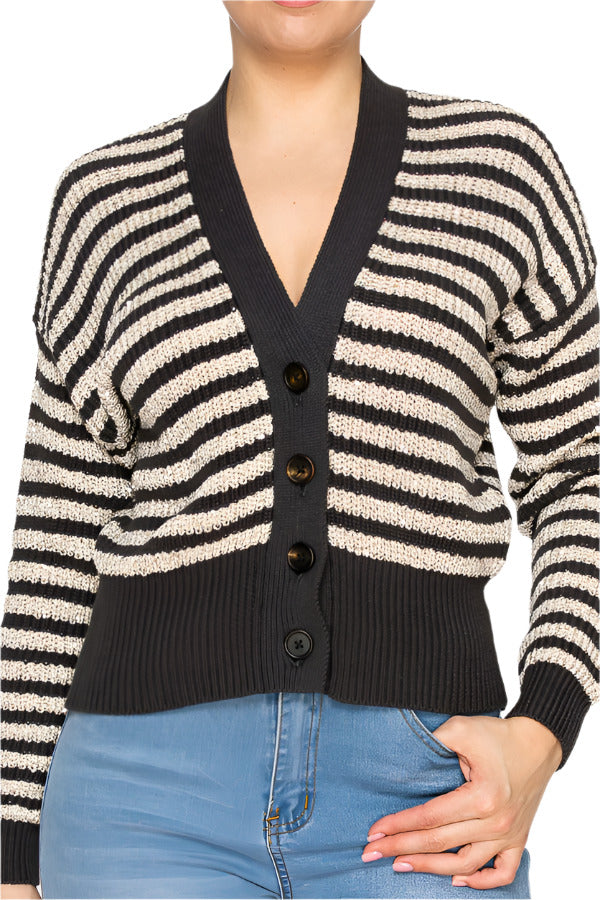 Women's knit cardigan with bold stripes  - Korean Fashion