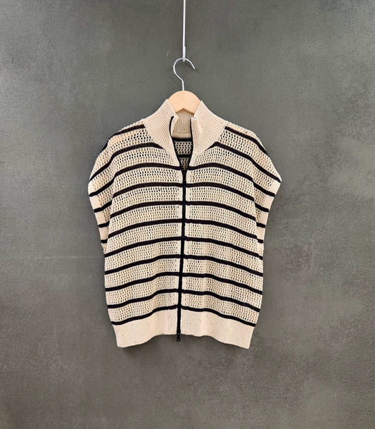 Women's striped knit vest with front zipper closure - Korean Fashion