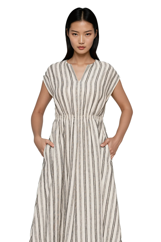 Women's Striped Linen Dress - Korean Fashion