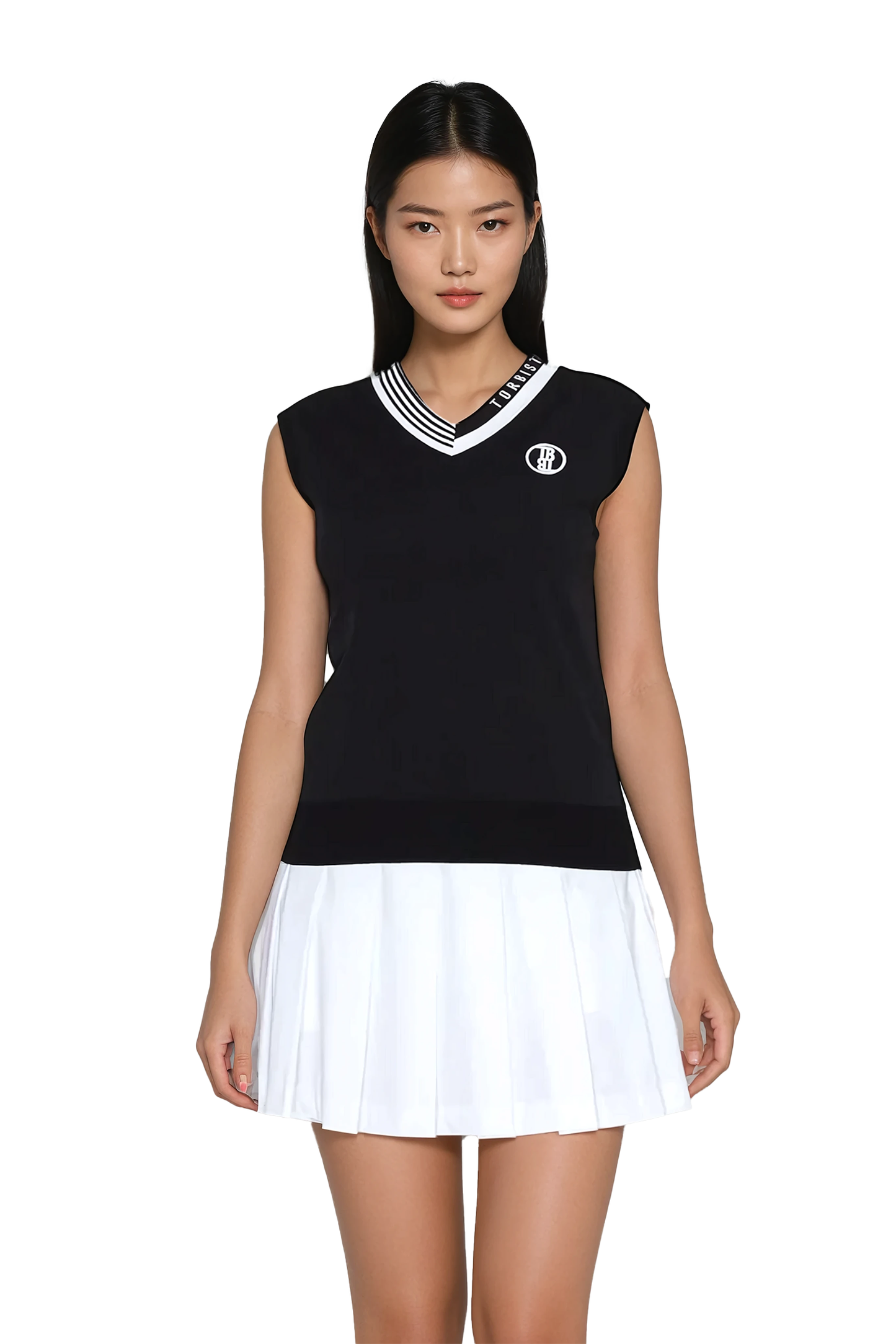[Torbist] V-Neck Sleeveless Knit Top with Striped Collar