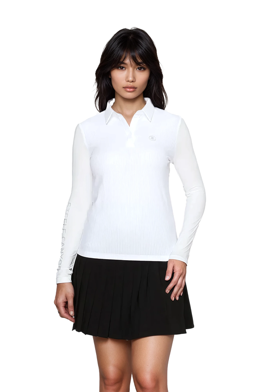 Women's white ribbed polo shirt by Torbist with long sleeves