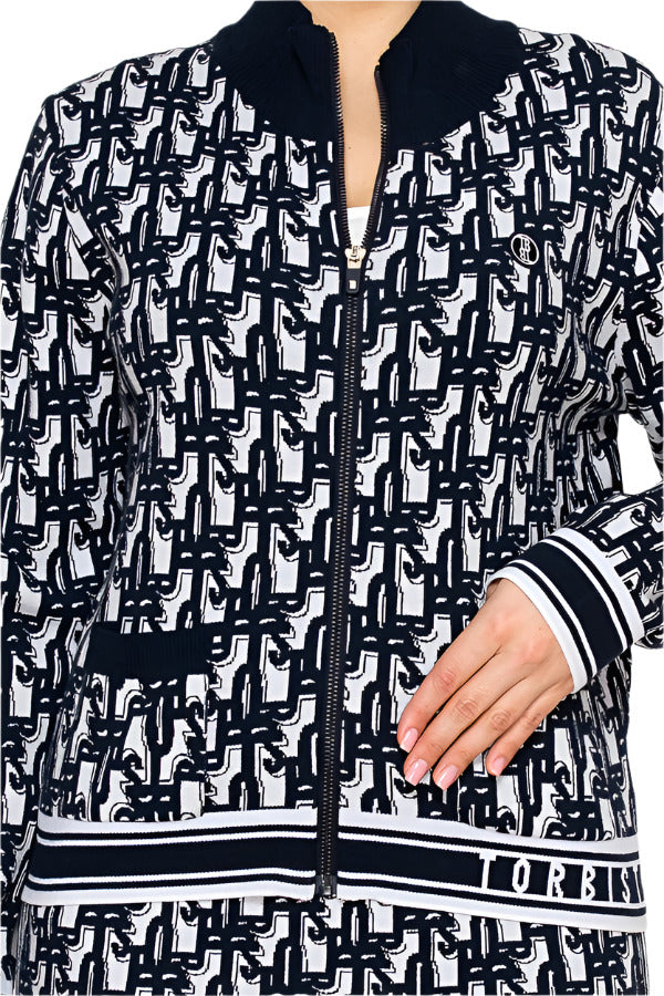 Women's zip-up knit jacket by Torbist featuring monogram pattern