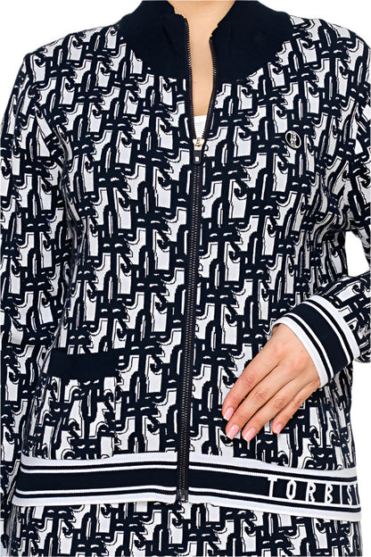Women's zip-up knit jacket by Torbist featuring monogram pattern