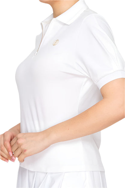 Women's minimalist white zip-up polo shirt by Torbist 