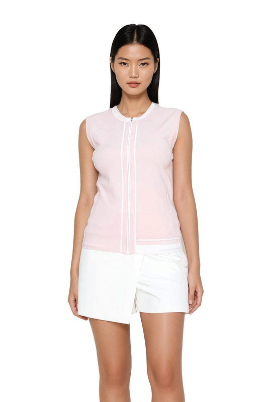 Women's sleeveless zip-front knit vest by Torbist in soft pink