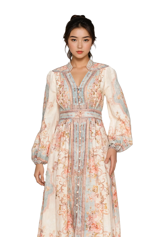 Women's Vintage-inspired floral maxi dress - Korean Fashion